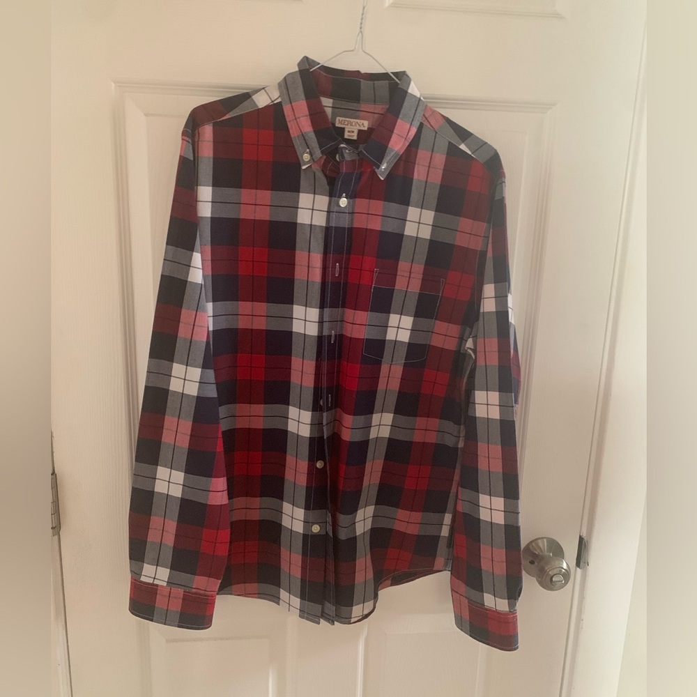 Merona Red and Navy Plaid Button Down Shirt